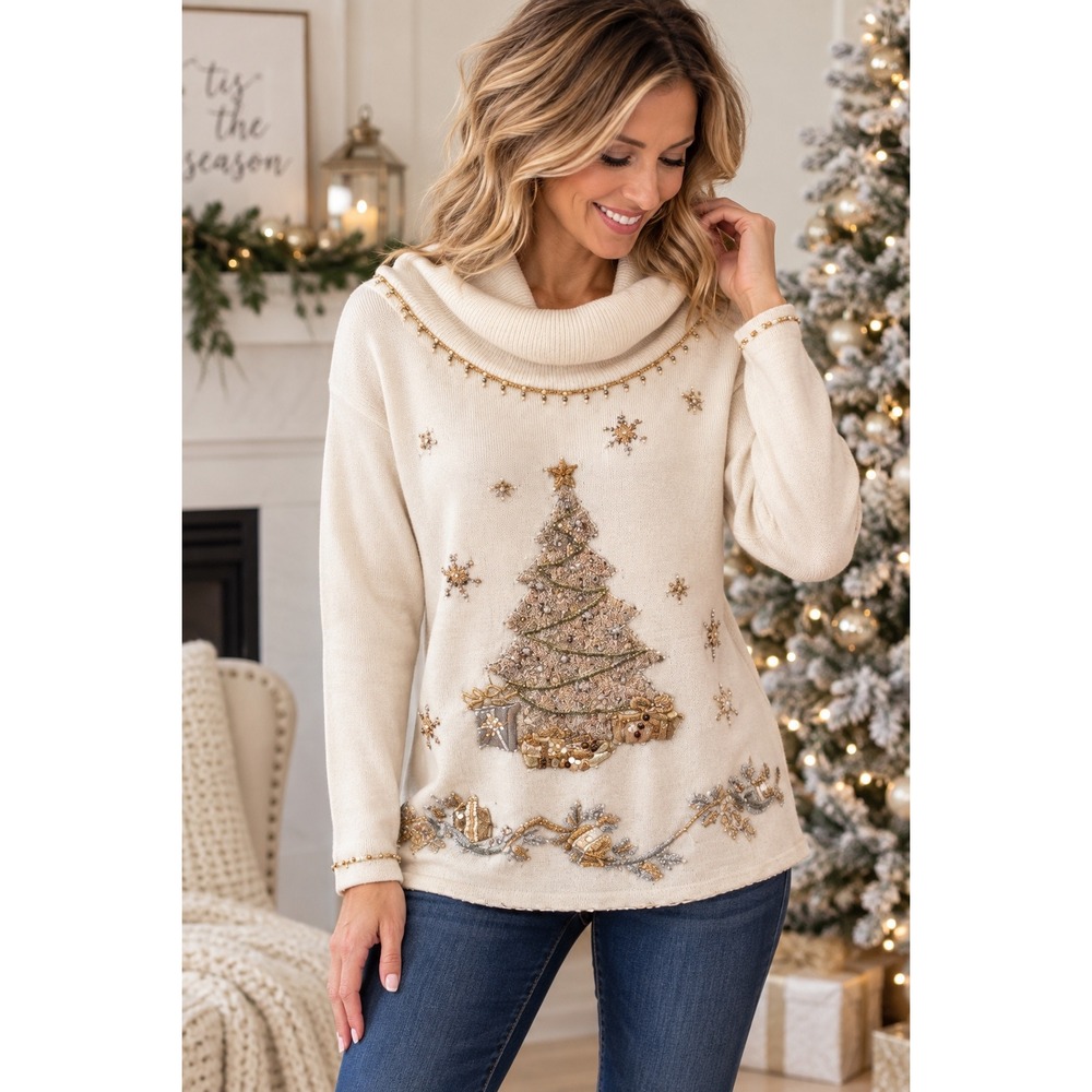 Lord & Taylor Christmas Sweater Tunic Size Small Beaded Tree Cowl Neck Holiday